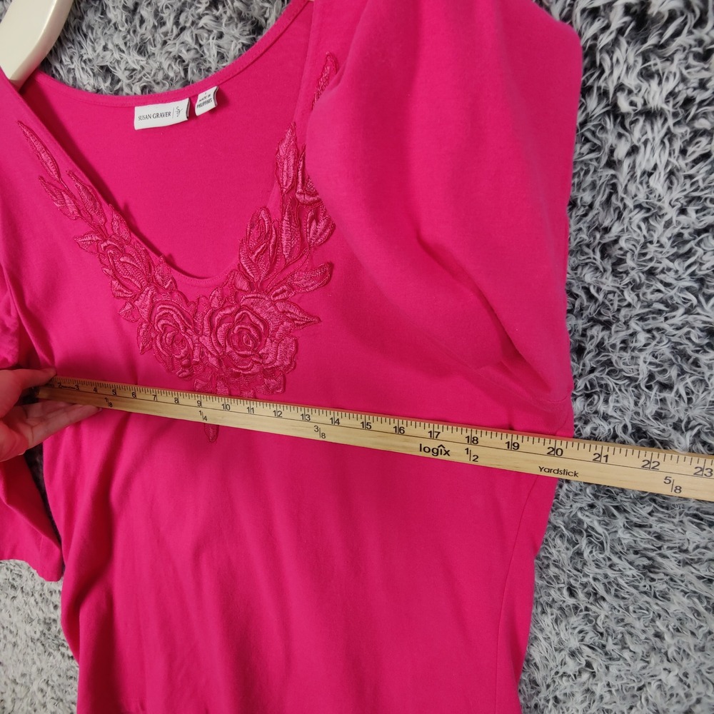 Susan Graver Womens Large Top Bright Pink‎ 3/4 Sleeve Embroidered Floral V-Neck - Picture 5 of 7
